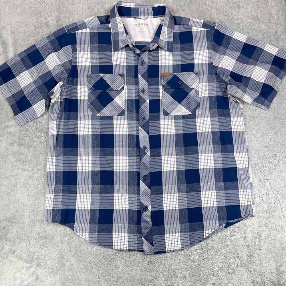 Orvis Tech Shirt Men 2XL Blue Plaid Classic Fit‎ Short Sleeve Collared Button-Up